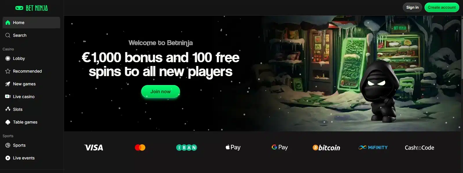 BetNinja frontpage with banner displaying their €1,000 bonus