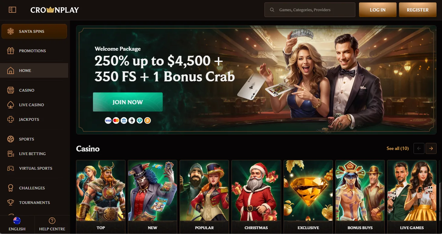 Crownplay frontpage with banner displaying their 250% bonus and top casino categories