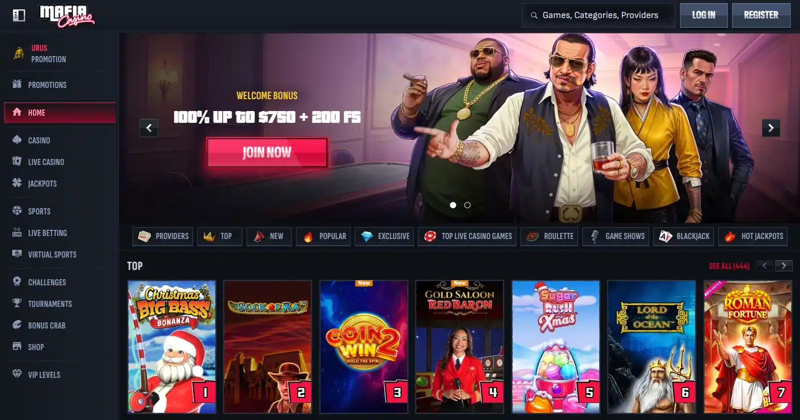 Mafia casino frontpage with banner displaying their 100% bonus and top online pokies below