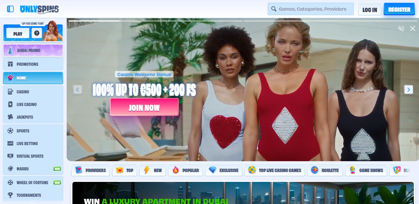 OnlySpins frontpage with banner displaying their 100% casino welcome bonus