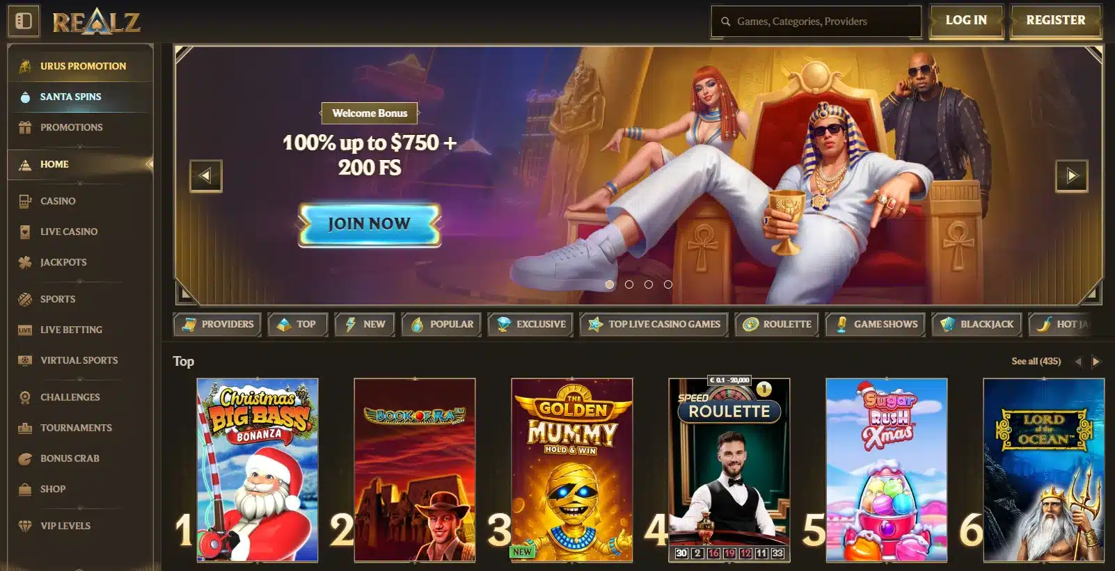Realz Casino with banner displaying their 100% and their top online pokies below